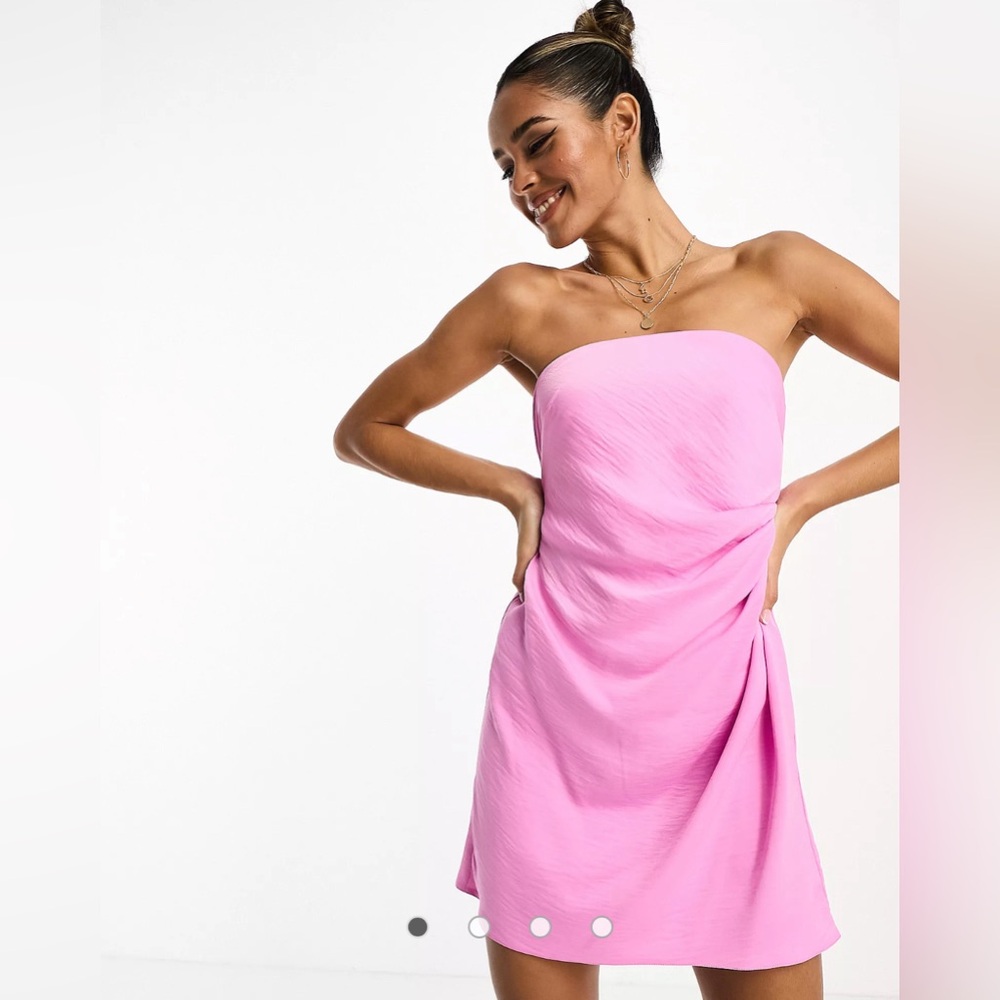 ASOS DESIGN satin bandeau mini dress with gathered waist detail in pink